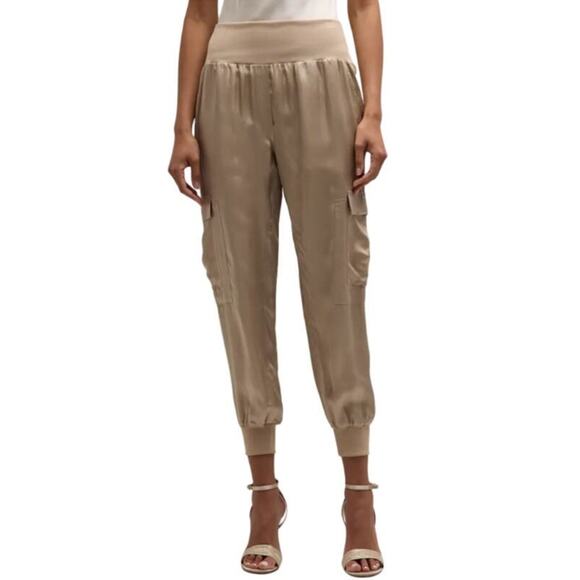 Cinq A Sept Giles High Rise Cargo Satin Jogger Trousers Khaki Women XL - Picture 1 of 9